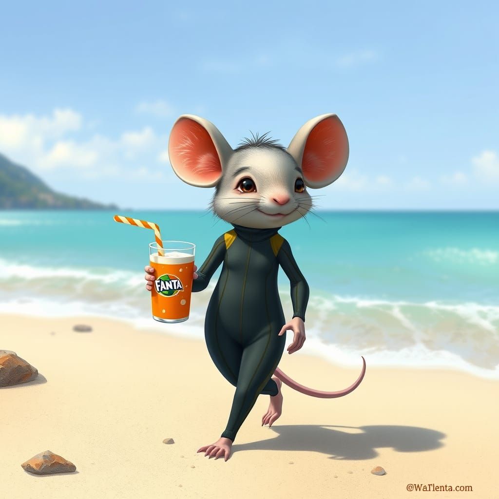 Mouse Humanoid in Wetsuit Drinks Fanta on Beach