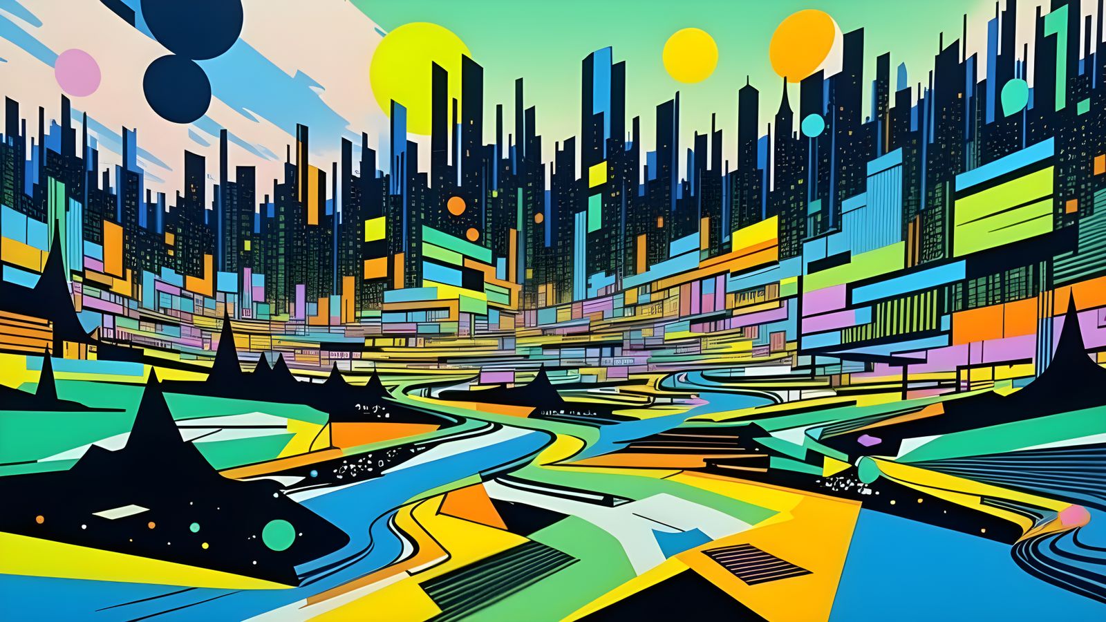 Cosmic Cityscape Circuit Board with Flowing Time