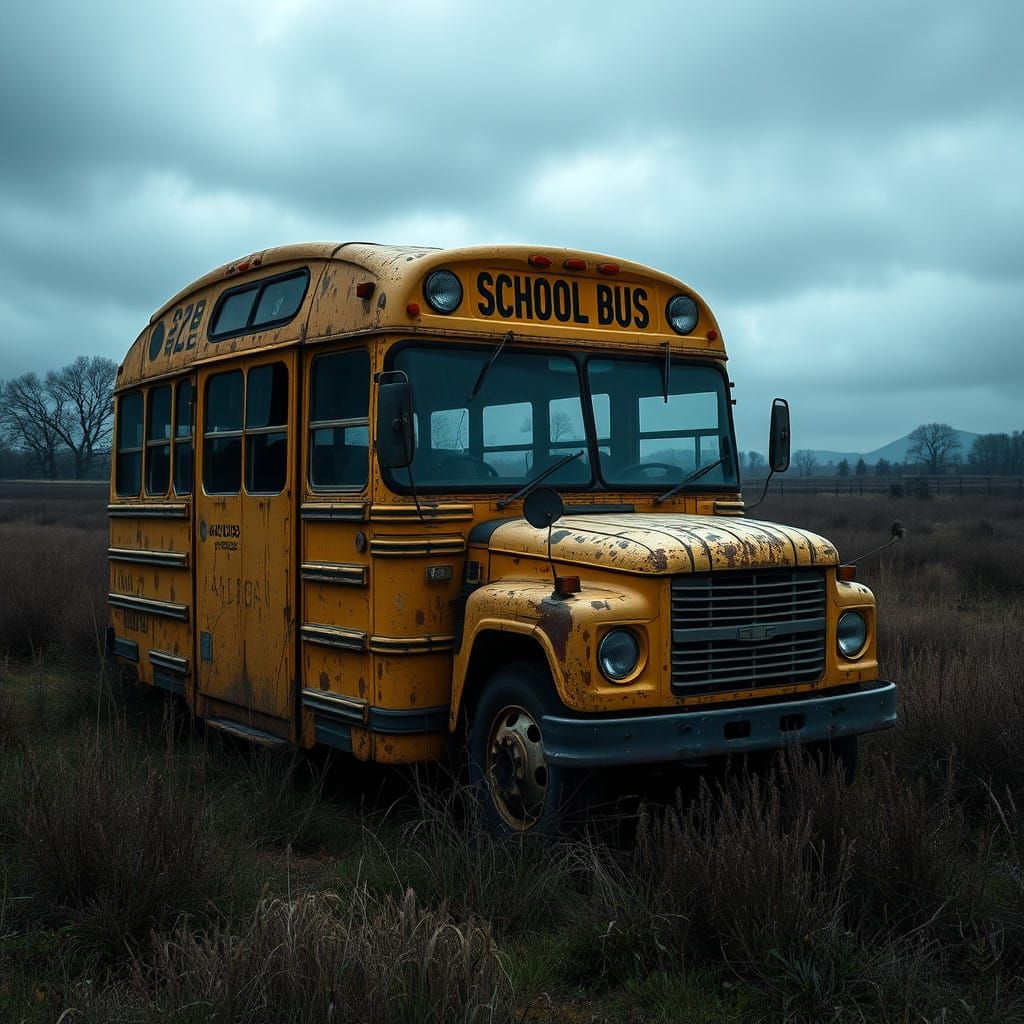 Abandoned School Bus in a Forgotten Rural Landscape
