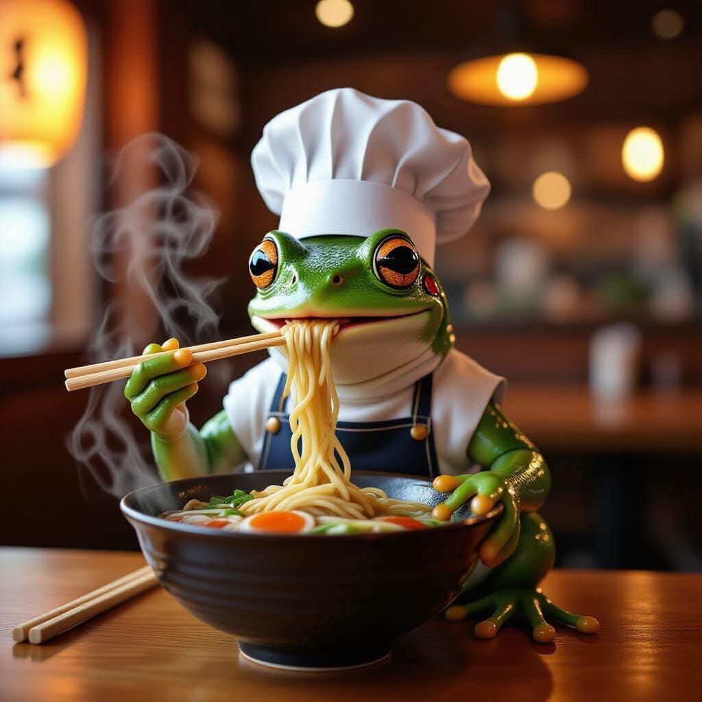 Frog Chef Slurping Ramen in Photorealistic Style