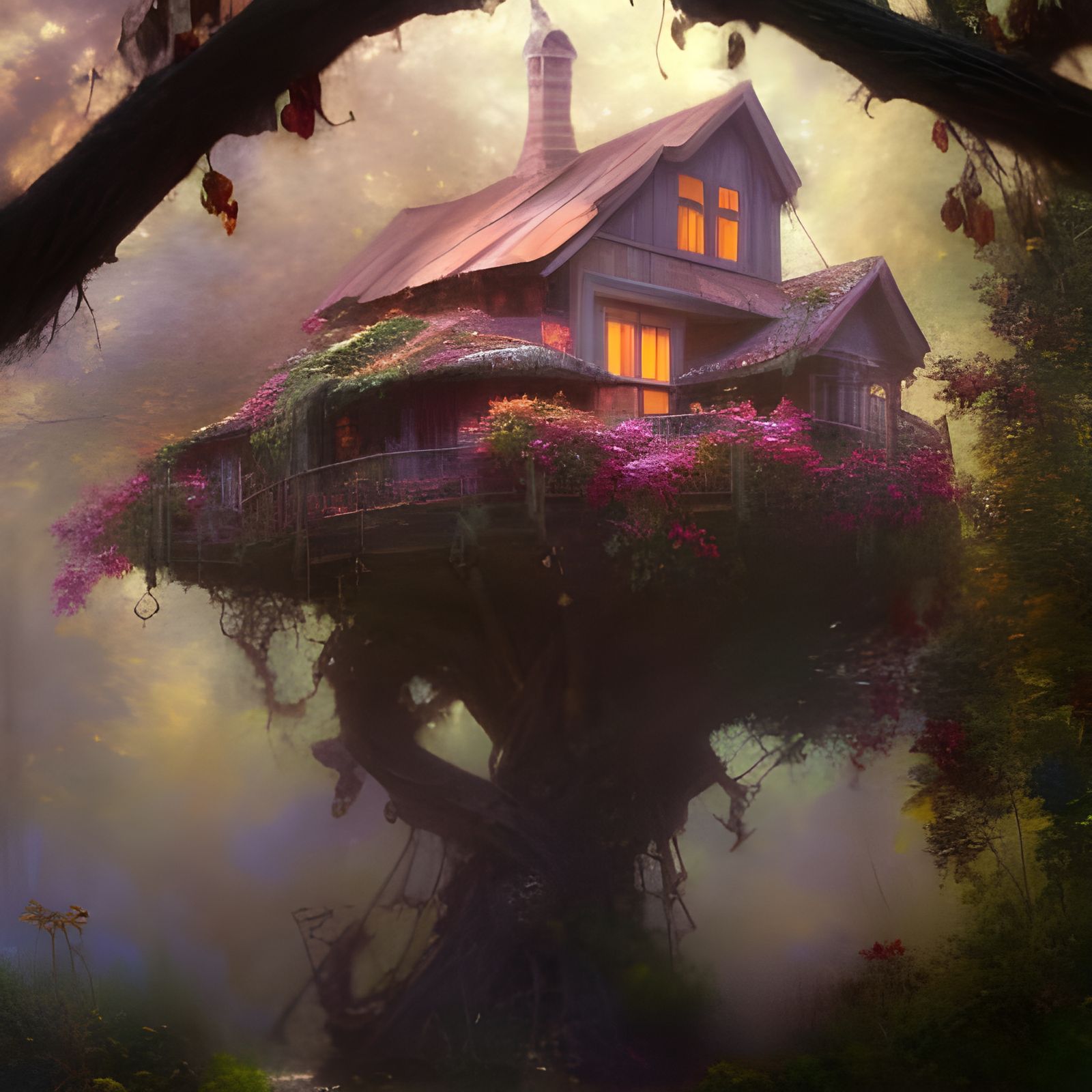 Intricate Treehouse Meadow Oil Painting