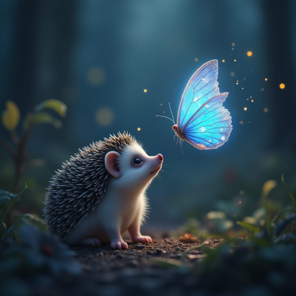 Baby Hedgehog in Mystical Forest at Twilight