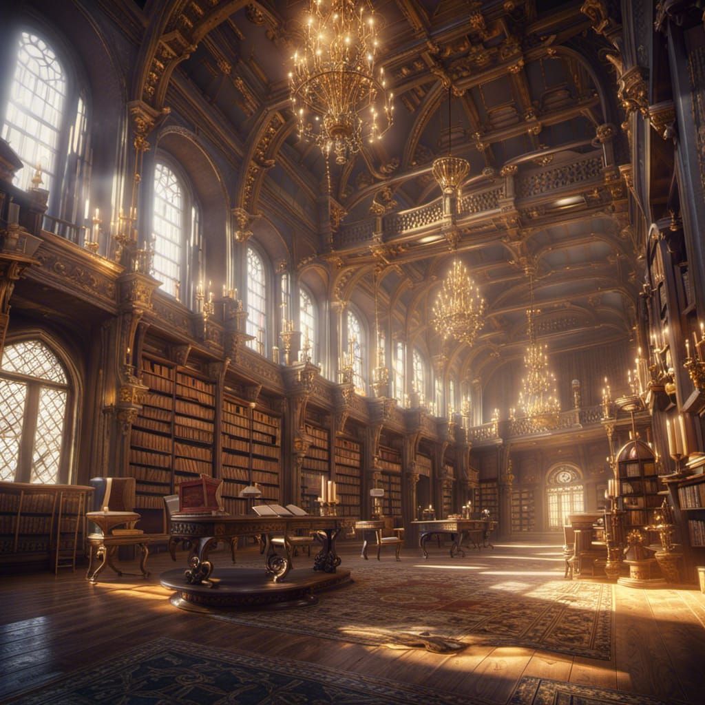 Gold Library Hall with Magical Books, Fantasy Concept Art