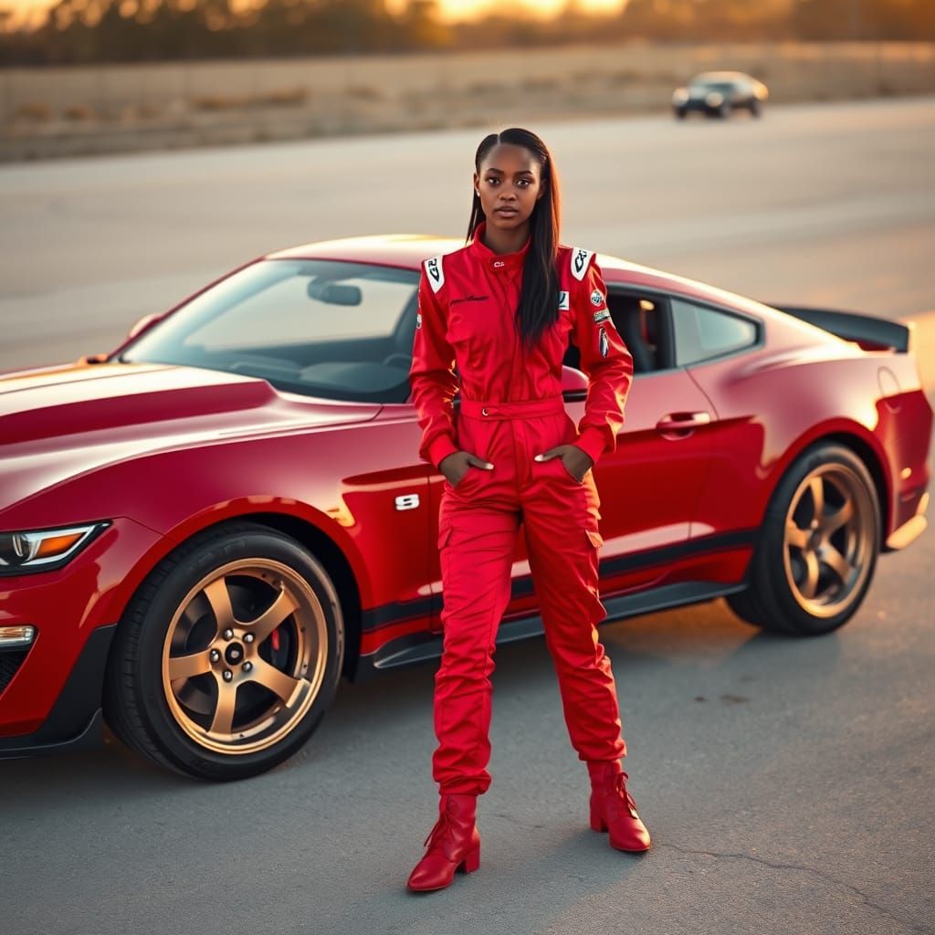Black Female Race Car Driver with Red Shelby GT350