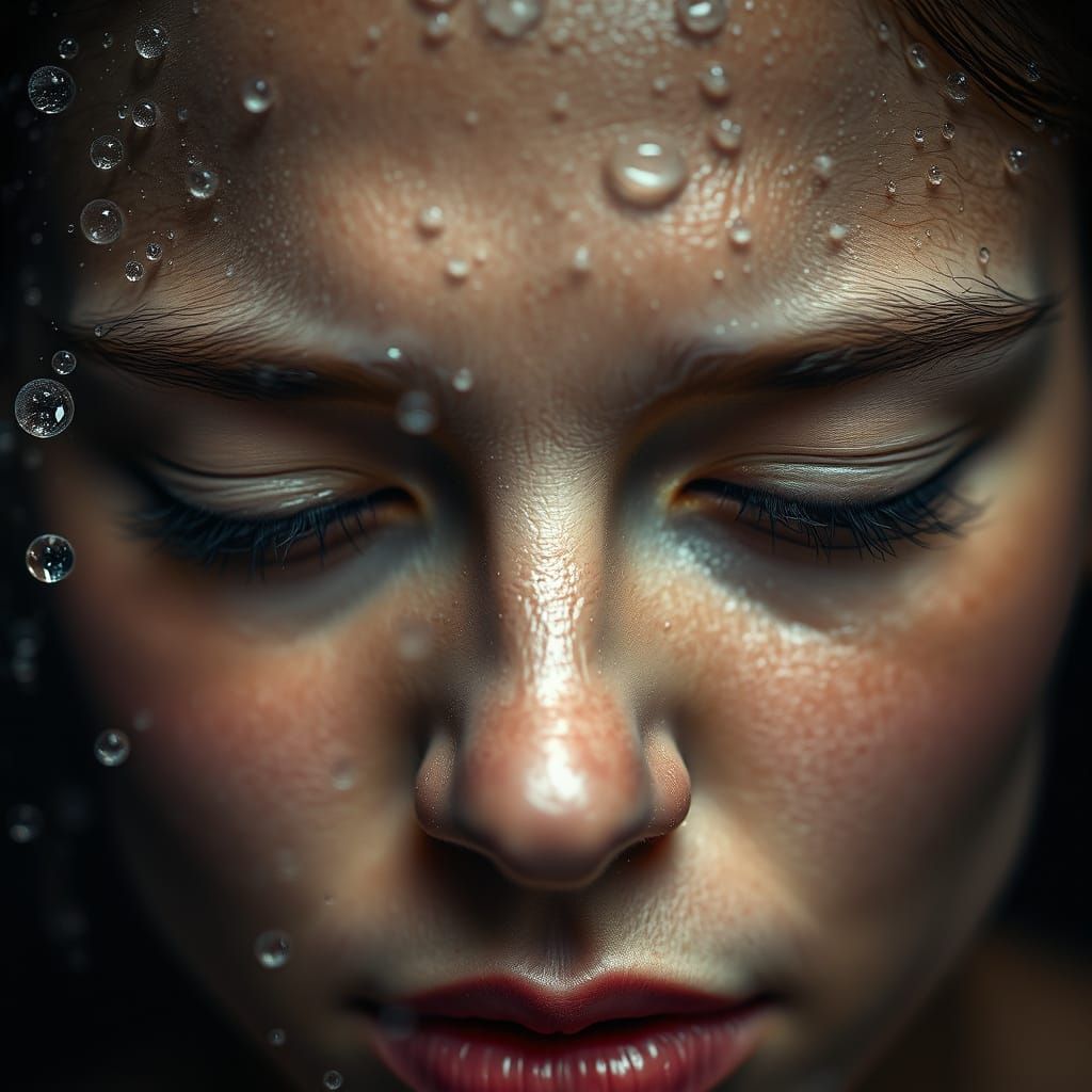 Dramatic Water Spray on Face, Hyperrealistic Photo