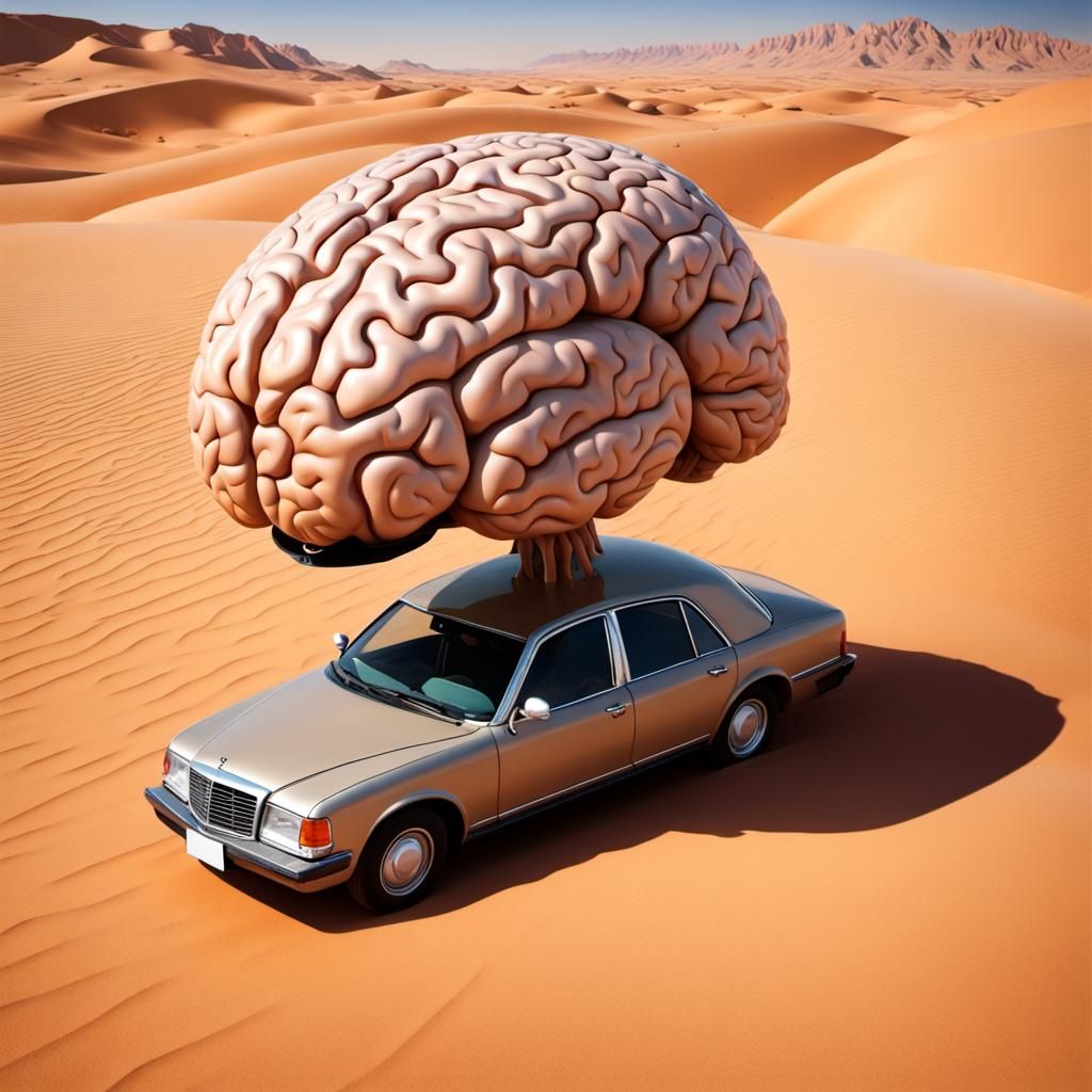 Surreal Brain Car in Desert Landscape
