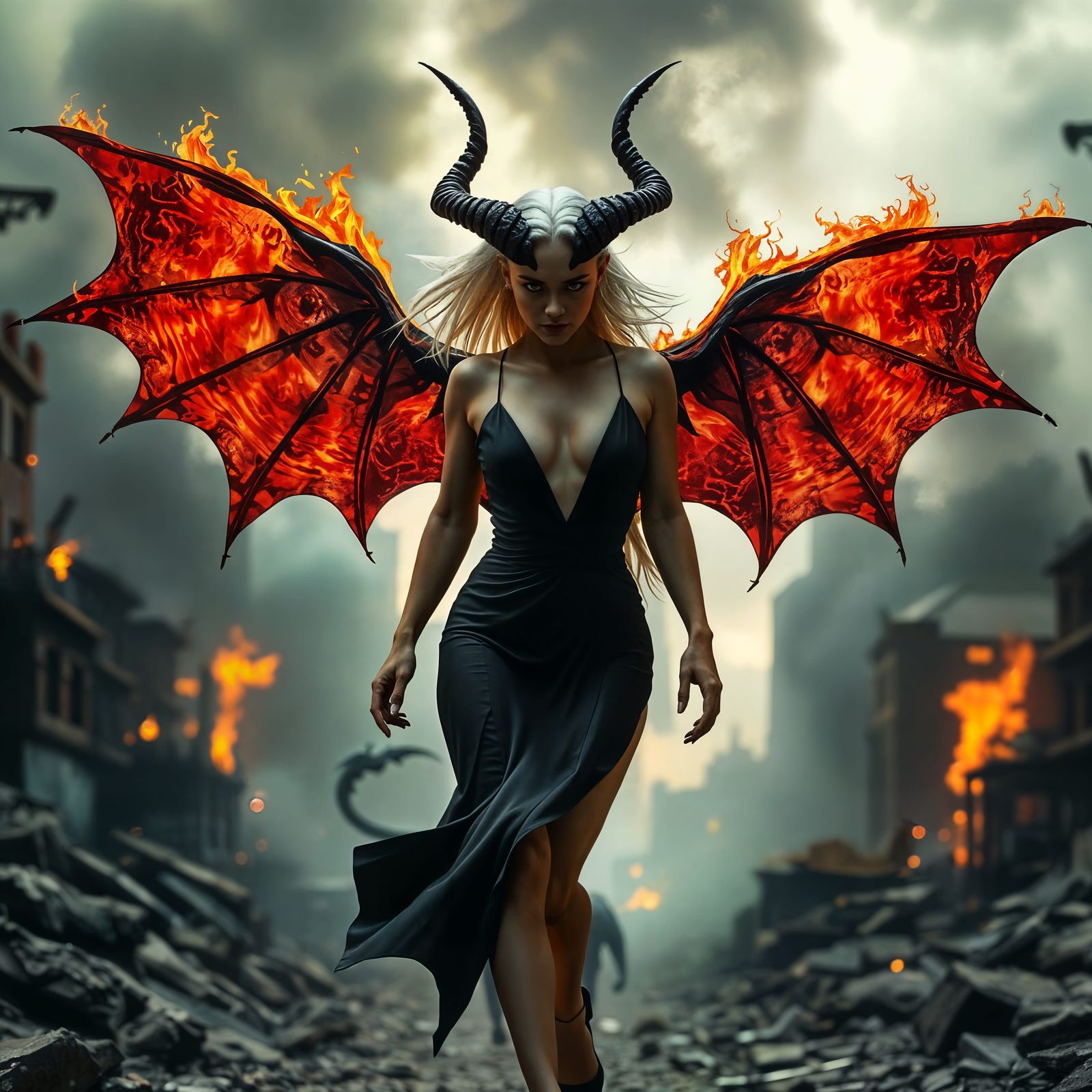 Imposing Demon Strides Through Ruined Cityscape