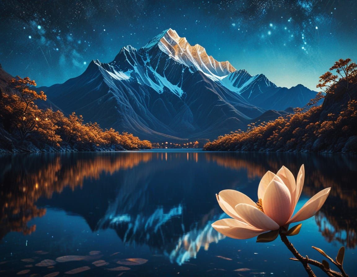 Navy and Gold Magnolia Bloom Amidst Mountain Reflections