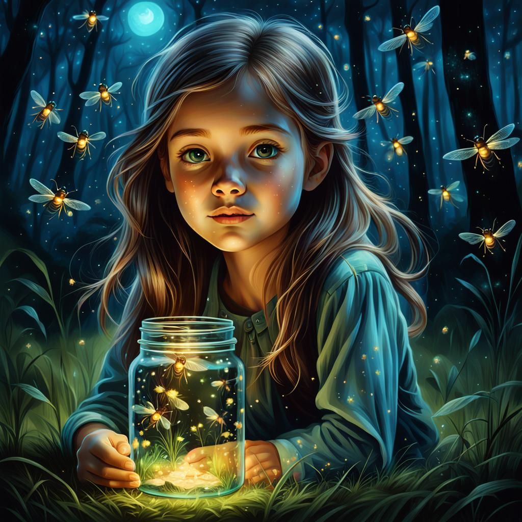 Girl with Fireflies in Bioluminescent Forest Oil Painting