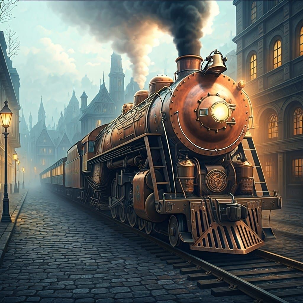 Majestic Steam Locomotive in Victorian-Era Industrial Futuri...