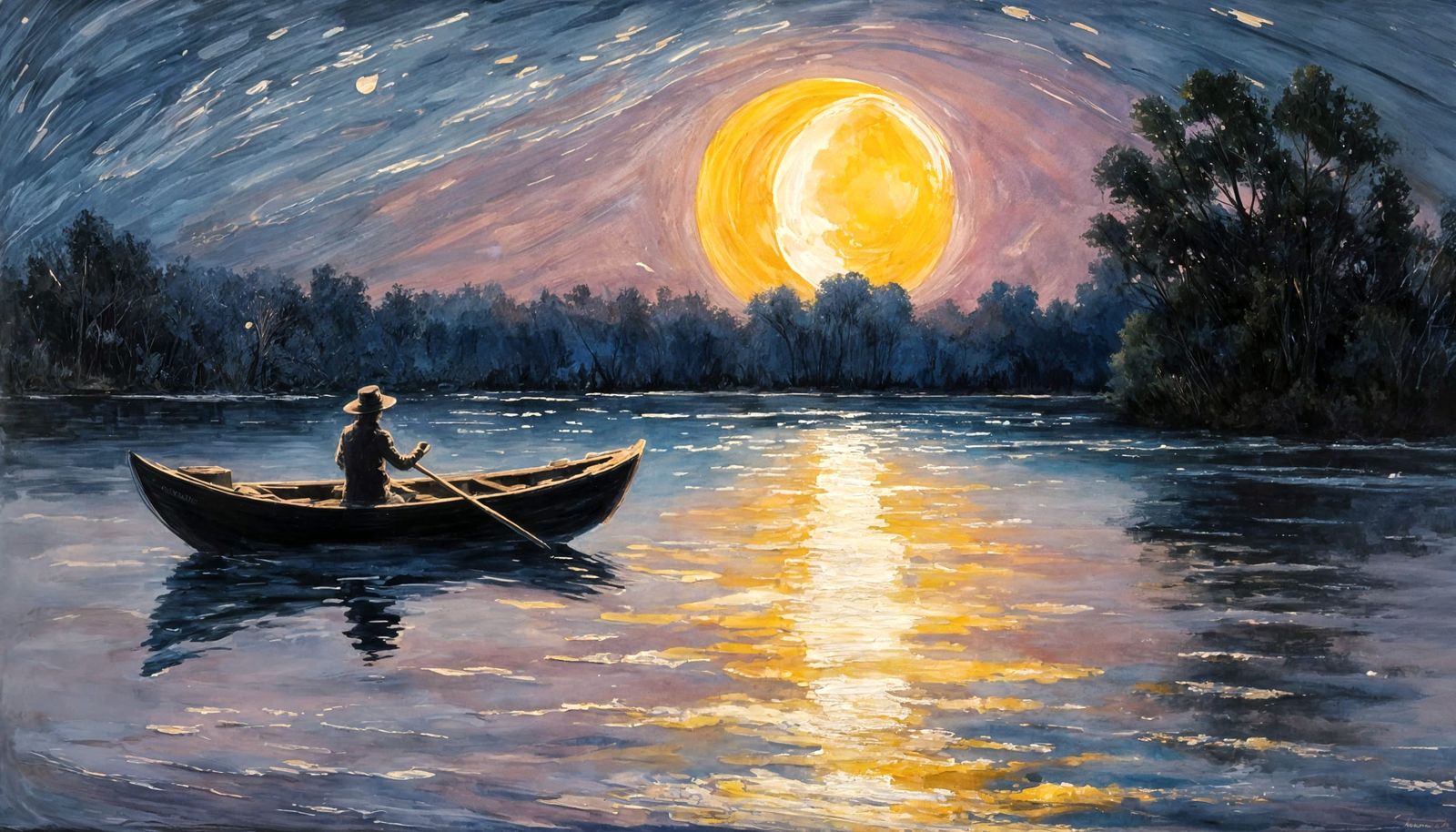 Moonlit Rowboat: Impressionistic Nocturne in Oil