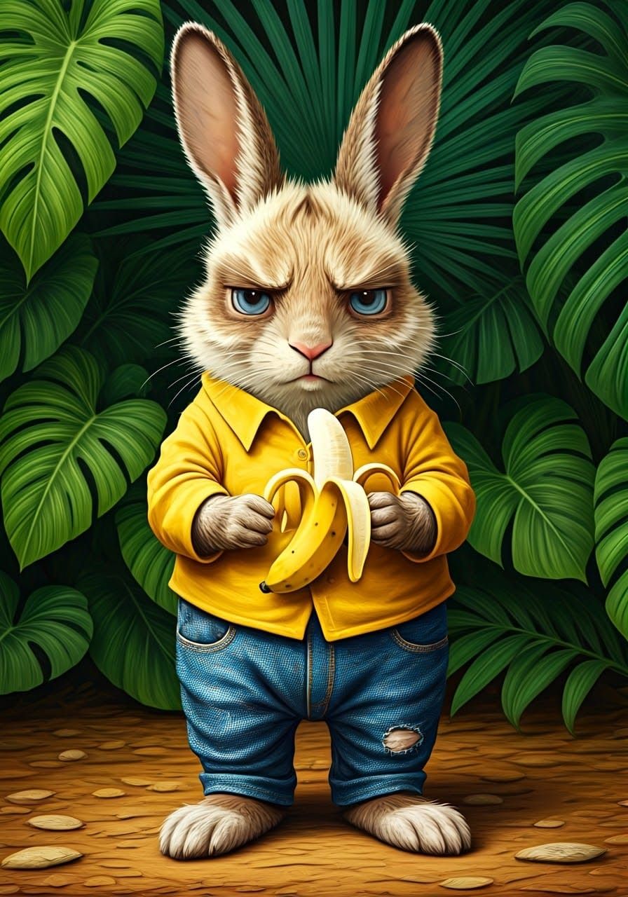 Whimsical Rabbit Eating Banana Illustration