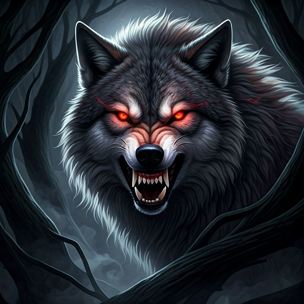Fierce Wolf with Glowing Eyes in Dark Forest