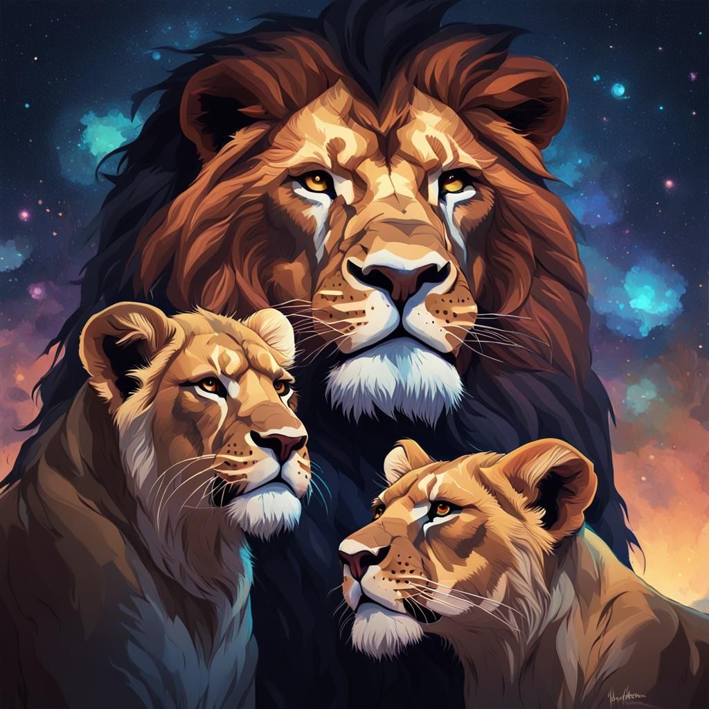 Lion and Cub Stargazing: Detailed Portrait