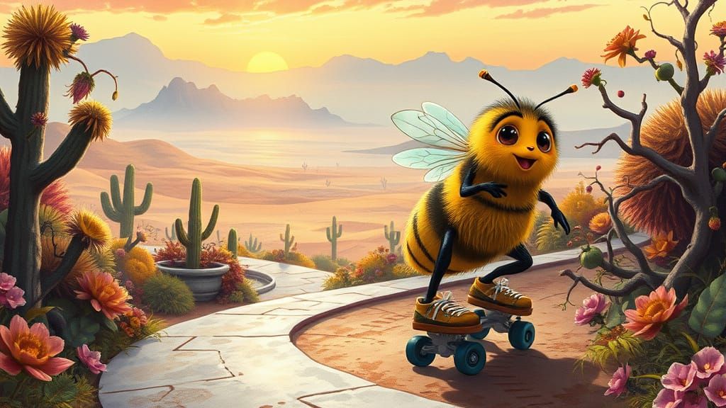 Bumblebee Rides Skateboard Through Desert Landscape