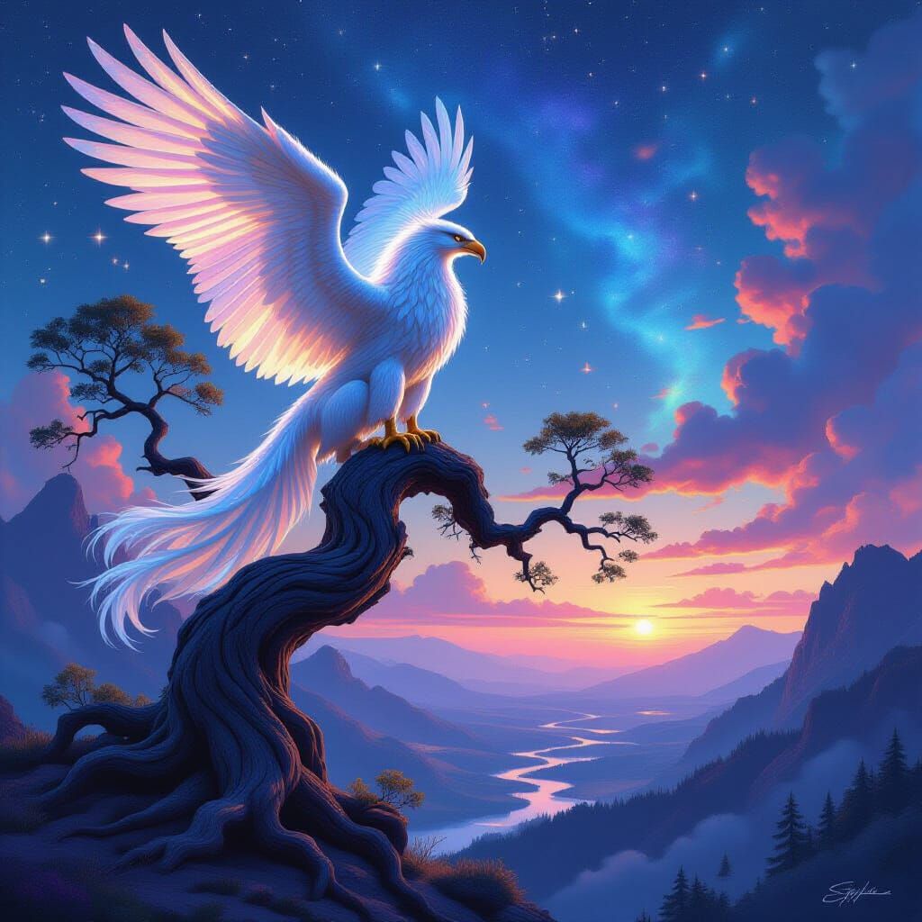 Iridescent Griffin Perched on Ancient Tree