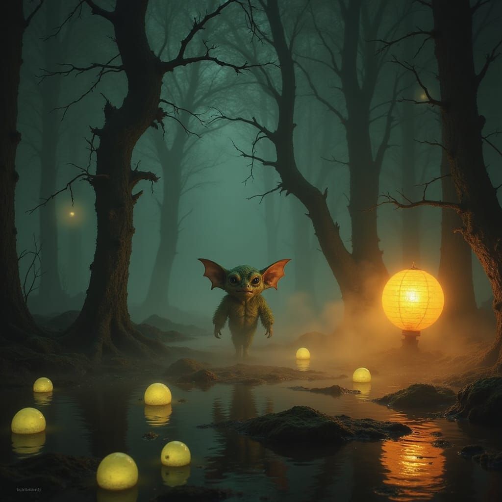 Bioluminescent Goblin Swamp in Dark Etching Style
