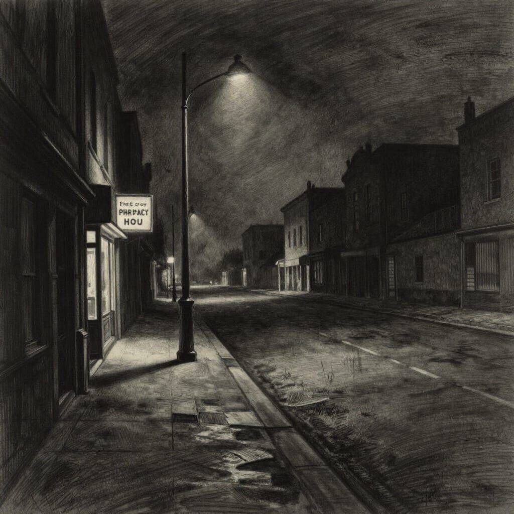 Dark City Street at Night Charcoal Drawing