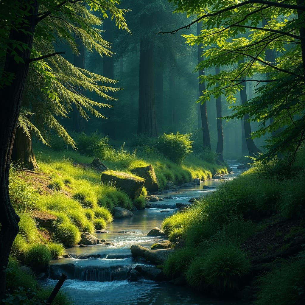 Dirt Cube in Forest Stream: Matte Painting Style
