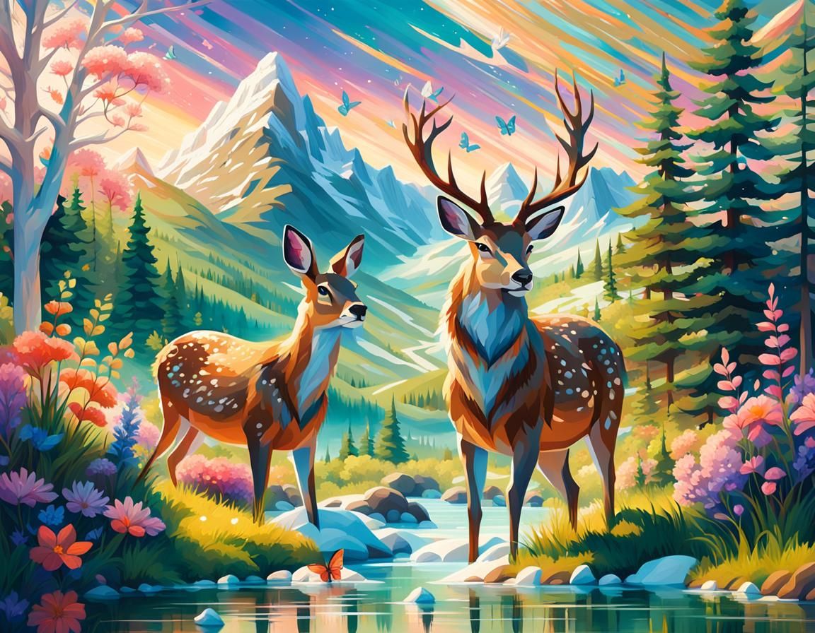 Fantasy Meadow: Deer and Rabbit in Oil Painting