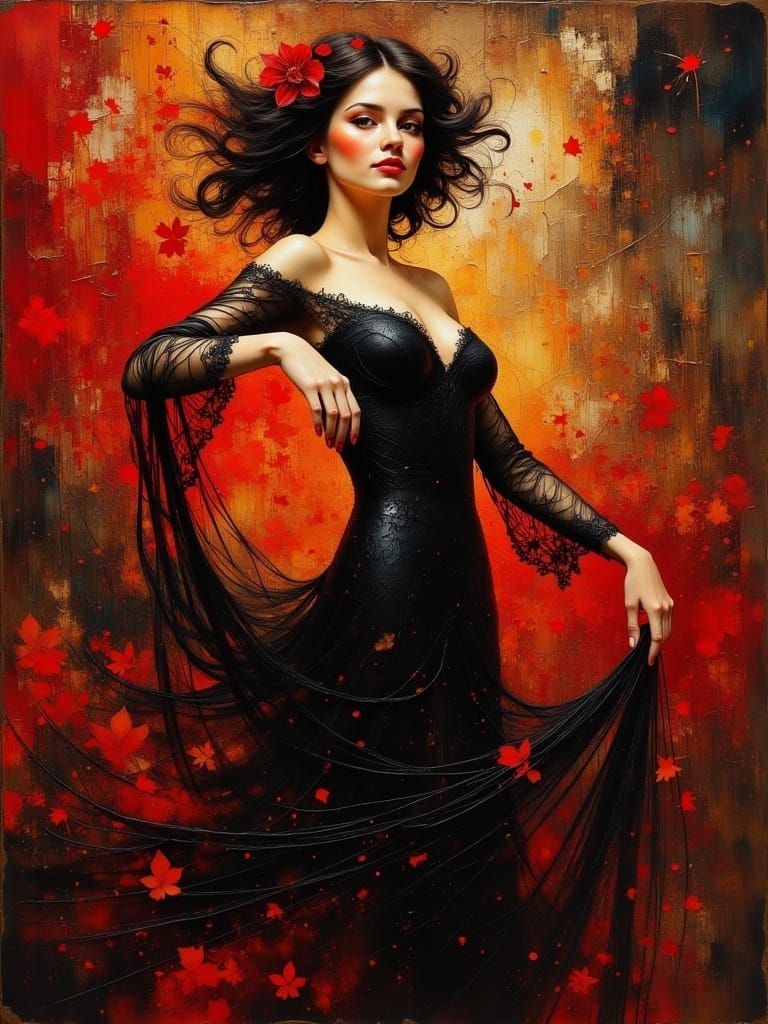 Spanish Dancer in Klimt Style with Red and Black