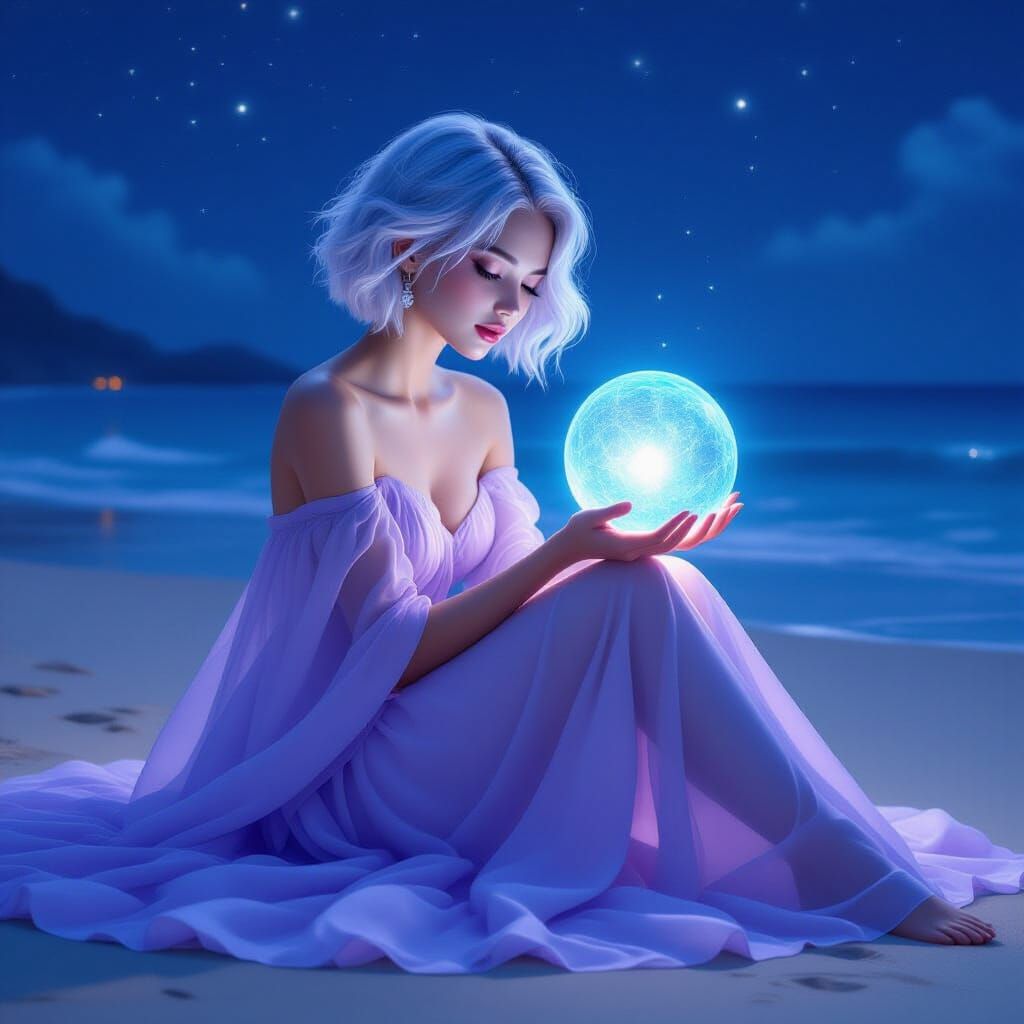 Ethereal Woman with Sphere on Night Beach
