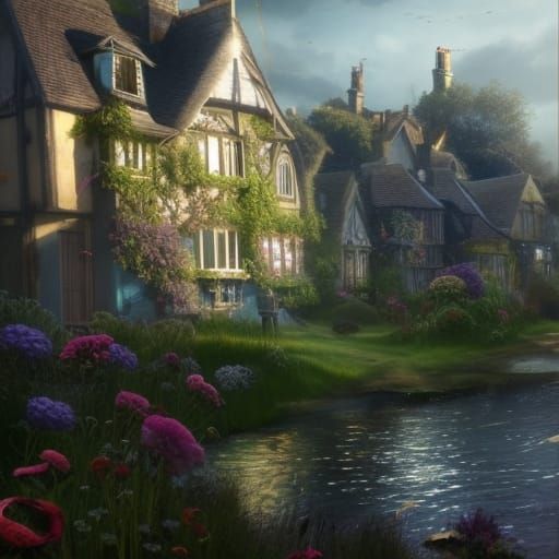 High Gothic Seaside Village with Flower Garden