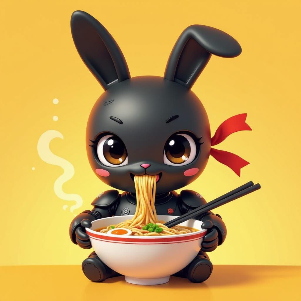 Kawaii Robot Ninja Rabbit Enjoys Ramen