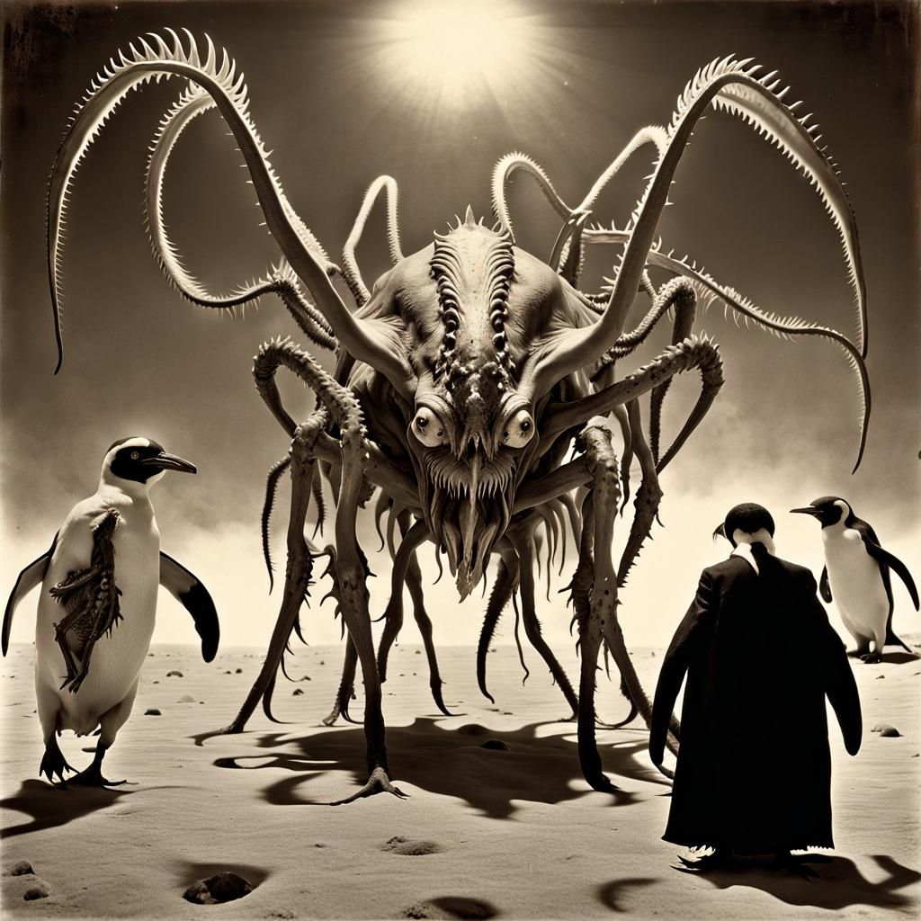 Lovecraftian Chaos Daemon and Penguin in Sepia