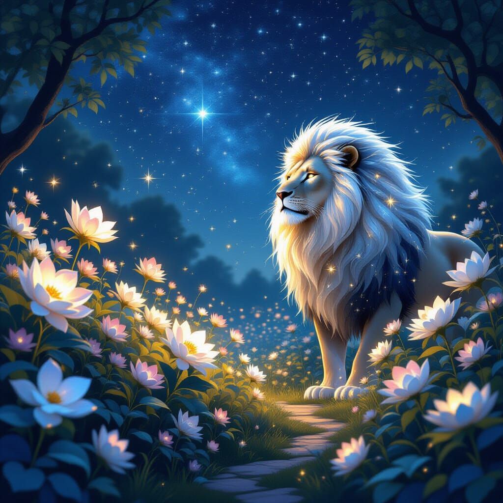 Celestial Lion Guards Bioluminescent Garden in Digital Art