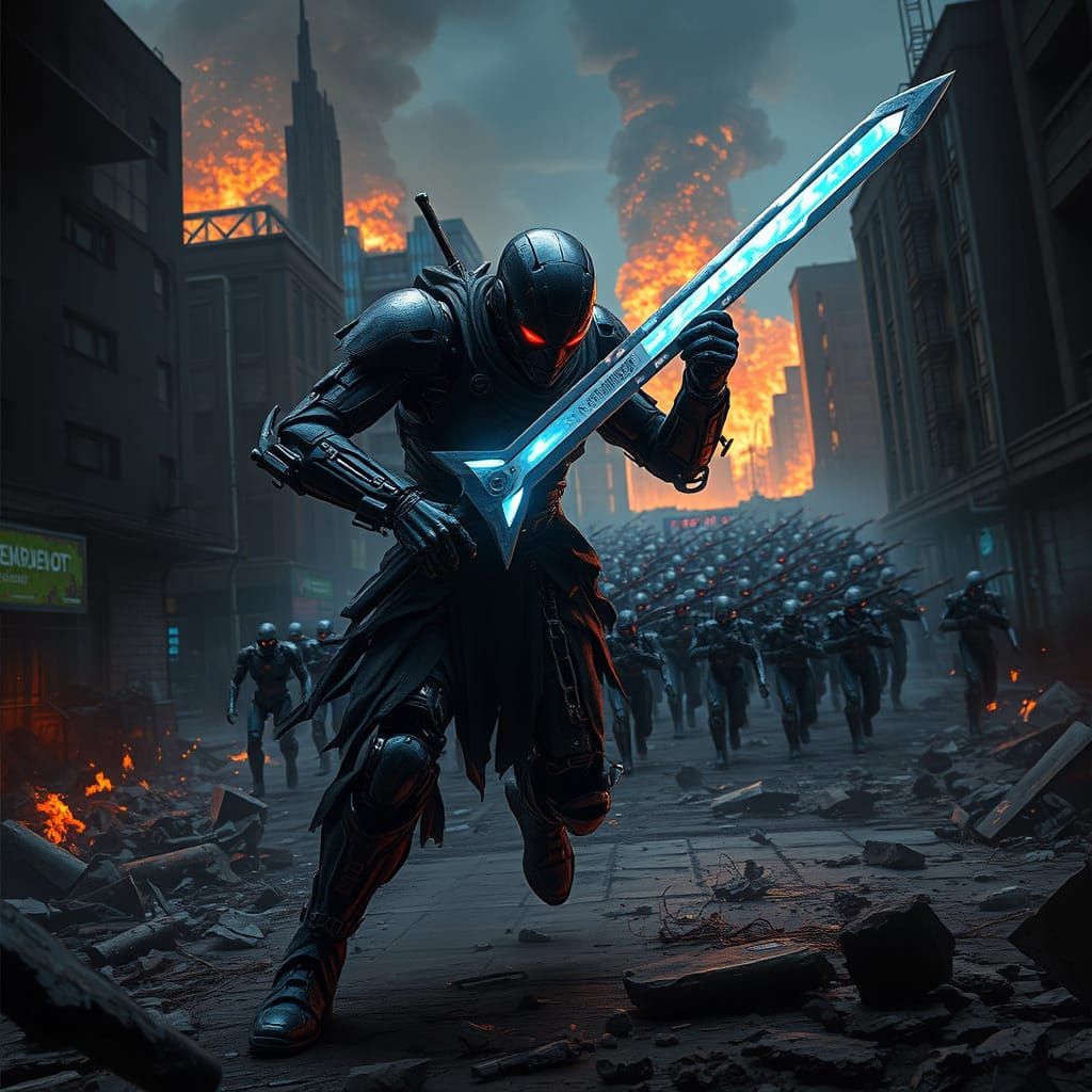 Cyborg Rampage in a Dystopian Cityscape