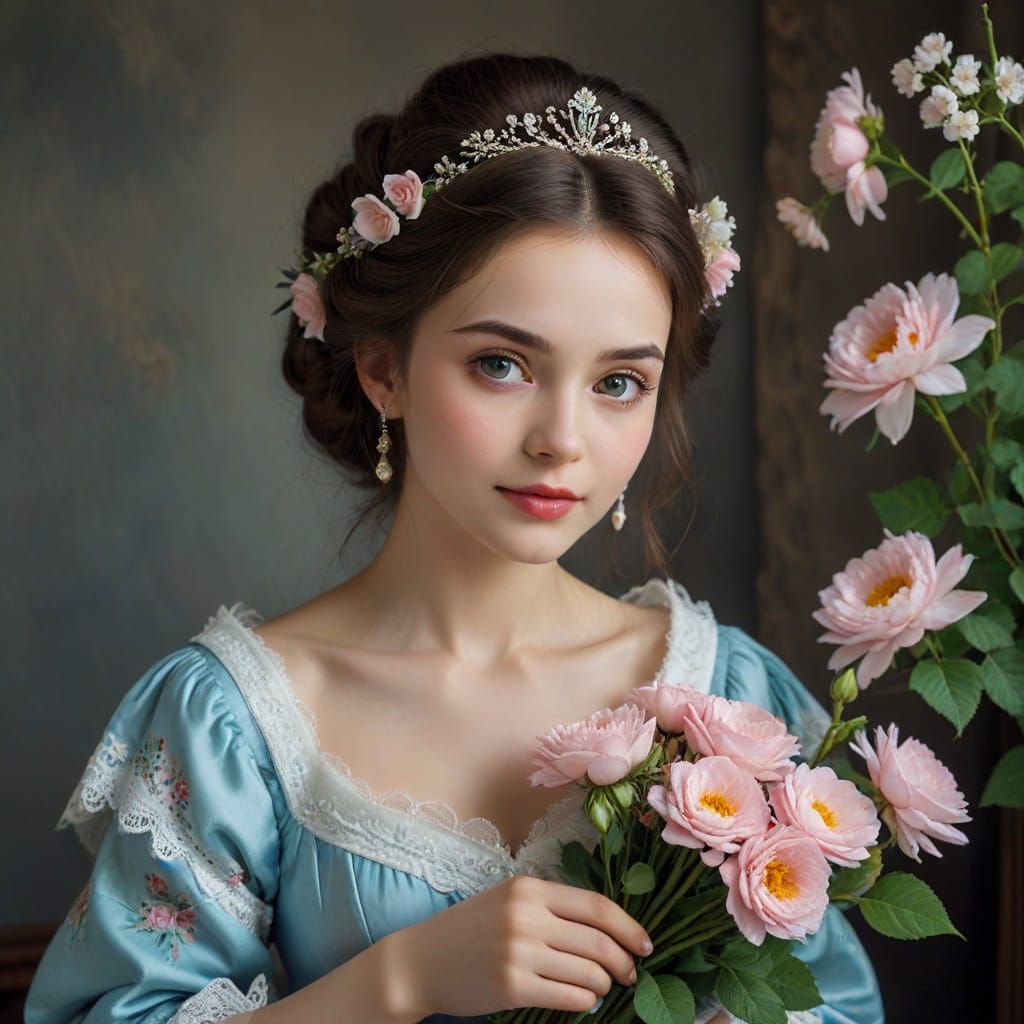 Young Woman with Blue Rose in Cityscape