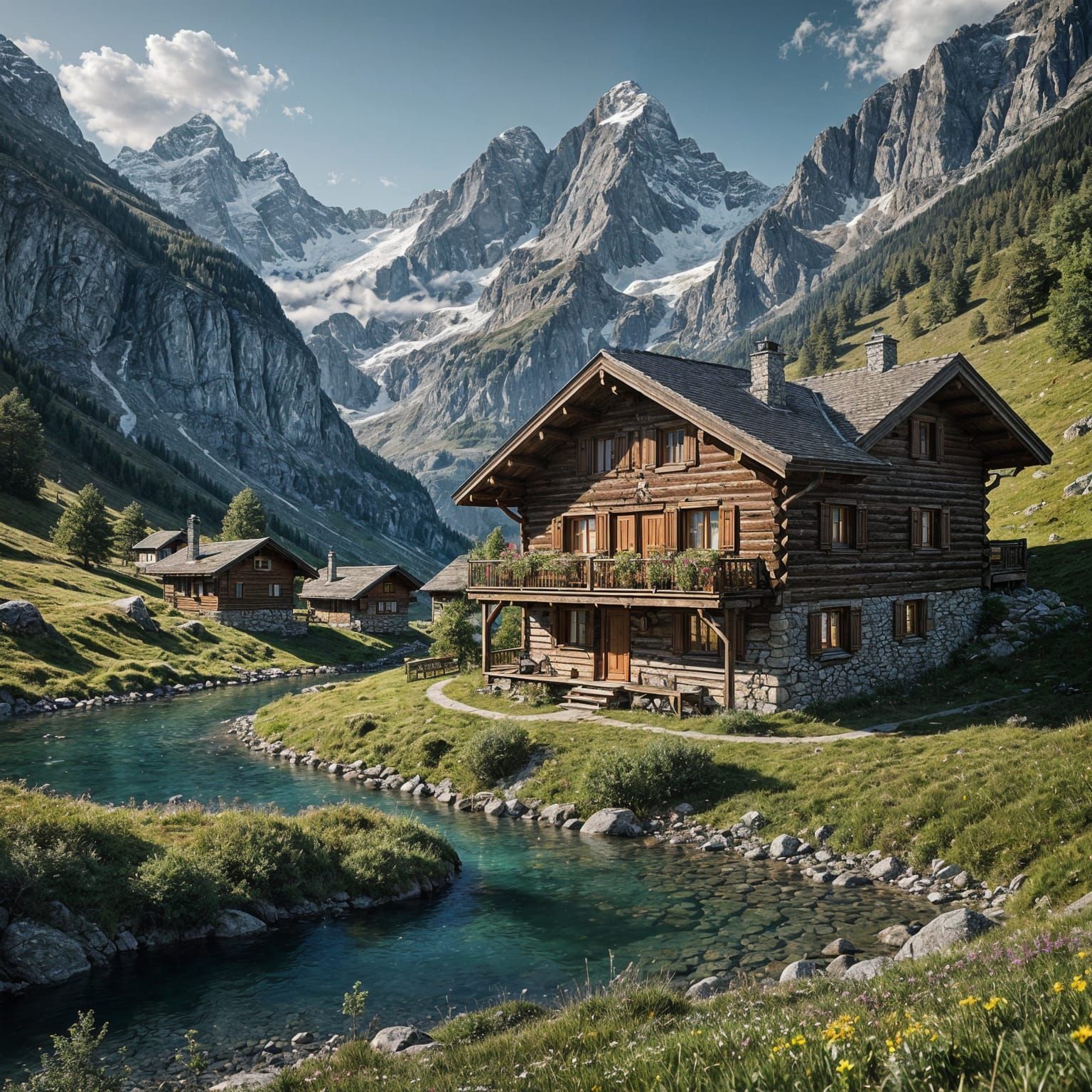 Realistic Swiss Alps Cabin With Detailed Mountains