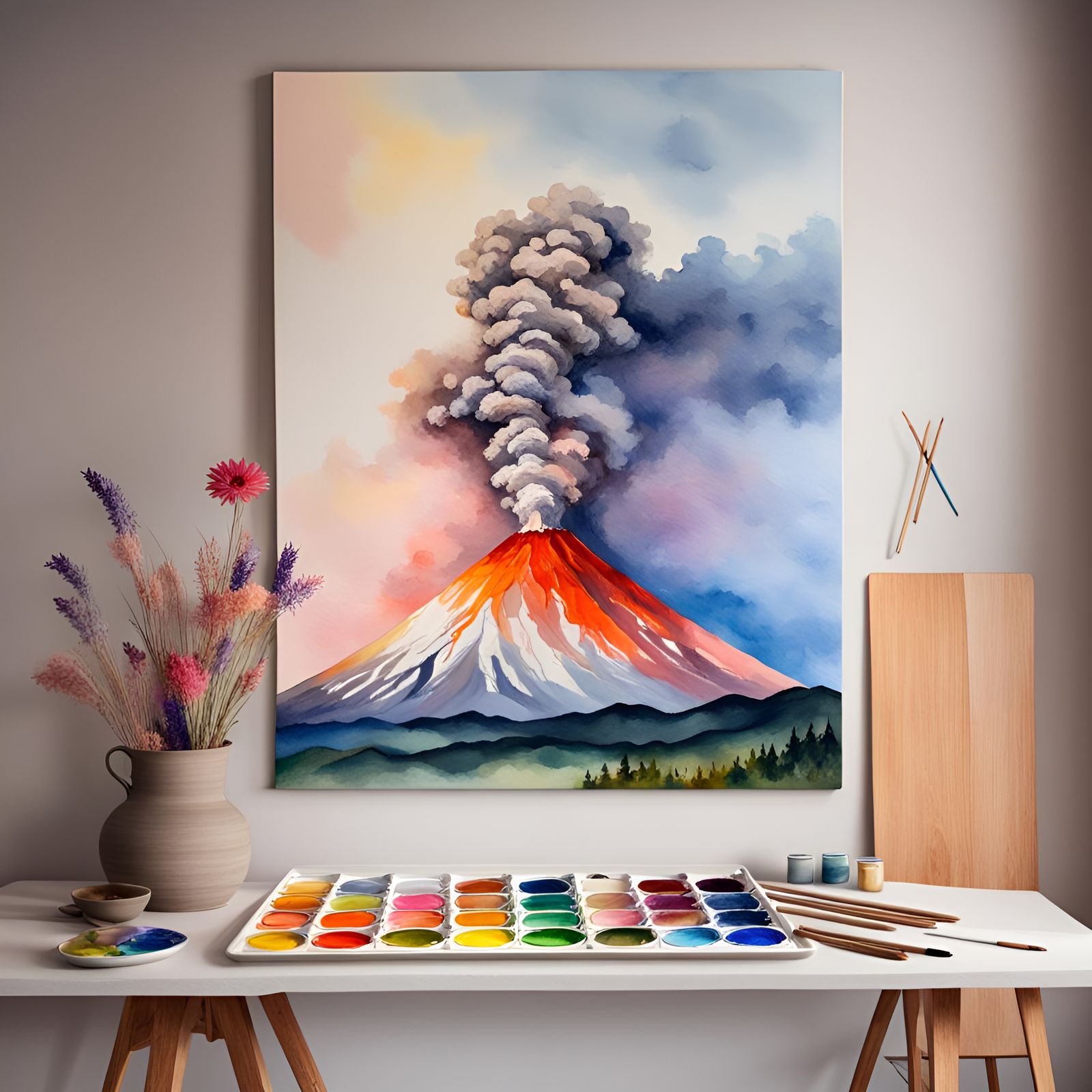 Watercolor Fuji Volcano Painting with Pastel Palette