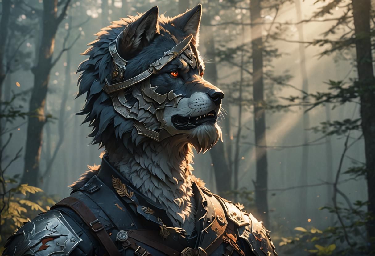 Heroic Anime Wolf Soldier in Misty Forest