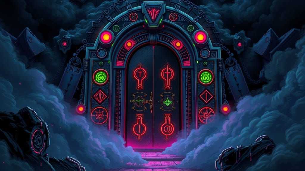 Ancient Arcane Doorway in Neon Anime Style