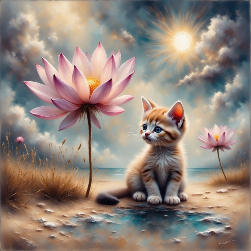 Grunge Lotus Portal with Happy Kitten