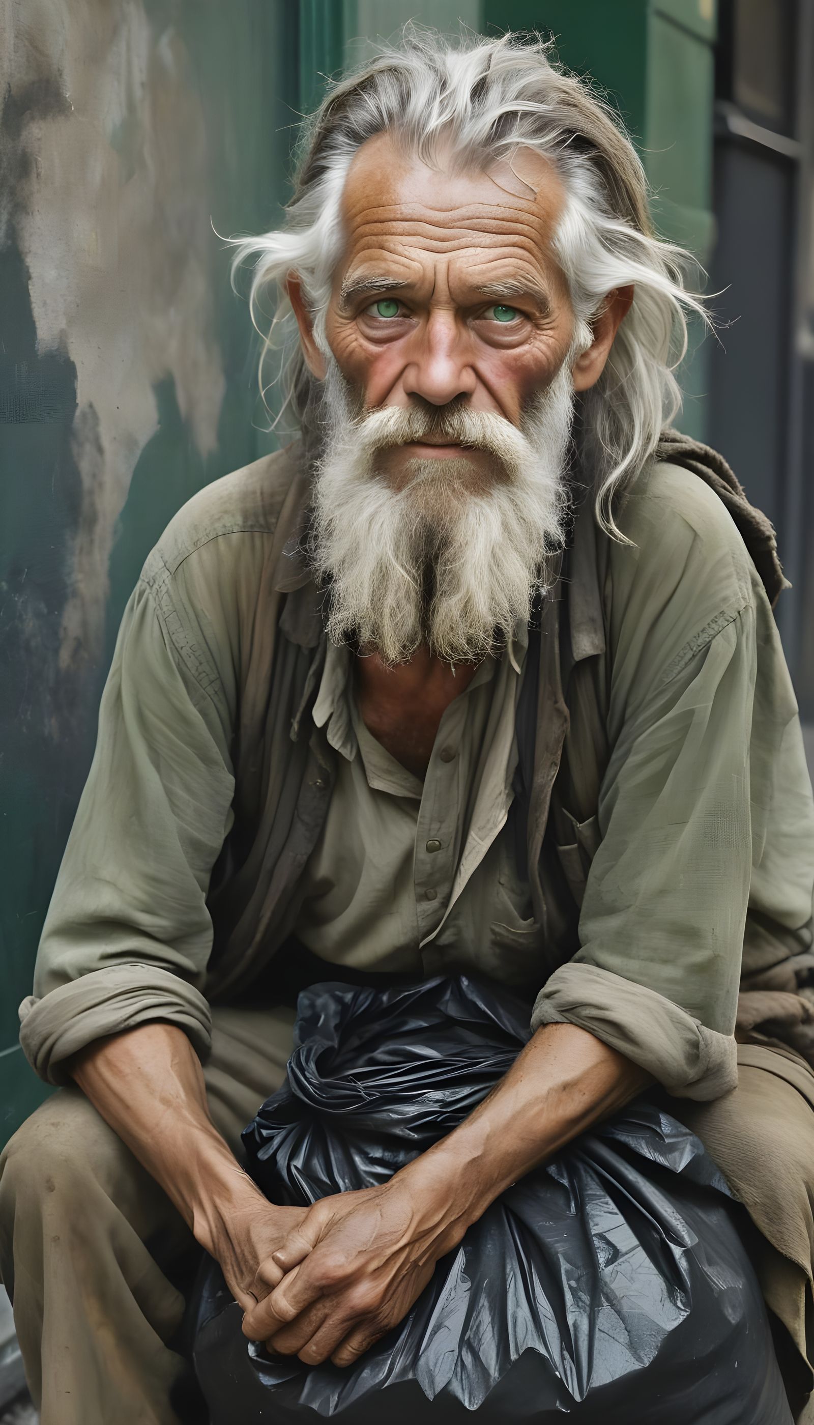 Old Male Vagabond on City Street in Hyperrealistic Artistic....