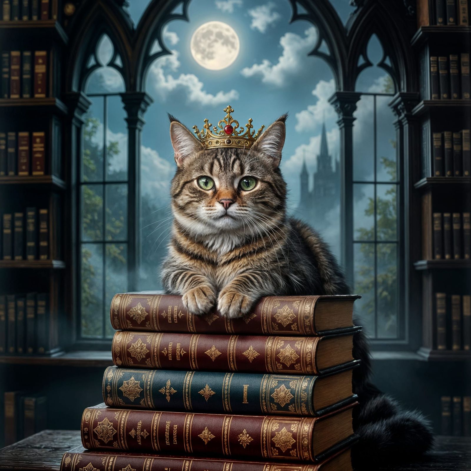 Regal Tabby Cat in Gothic Library
