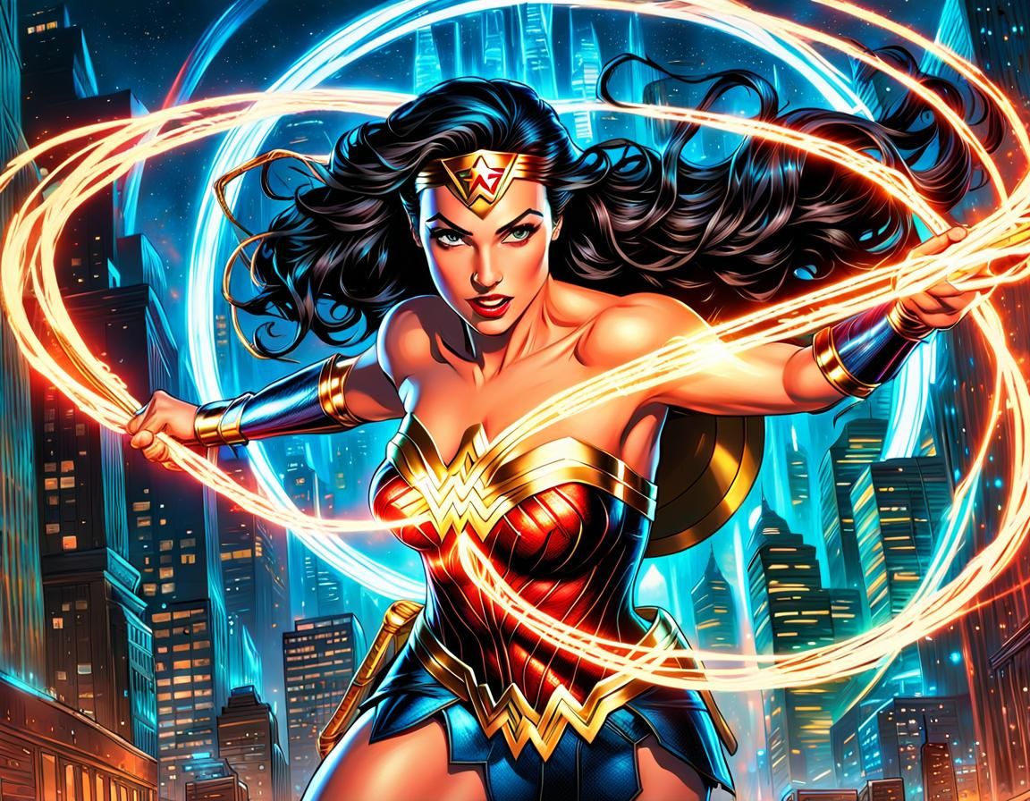 Wonder Woman in Radiant Cityscape, Digital Comic Art