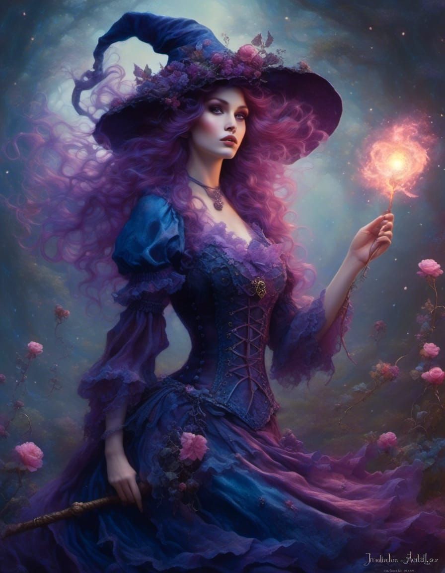 Enchanting Witch in Blue, Purple, and Pink