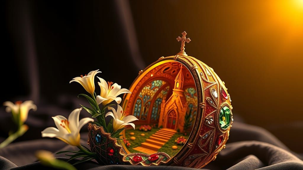 Luxurious Fabergé Easter Egg with Golden Light and Vibrant F...