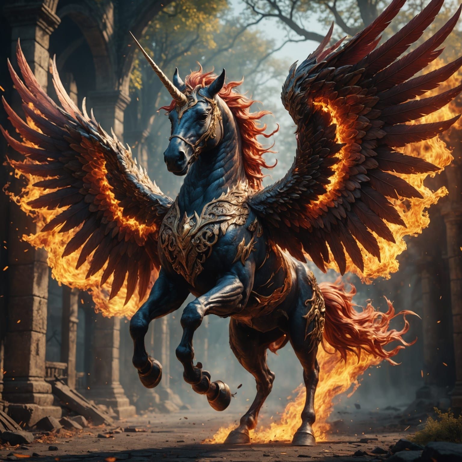 Winged Fire Unicorn Running: Fantasy Concept Art