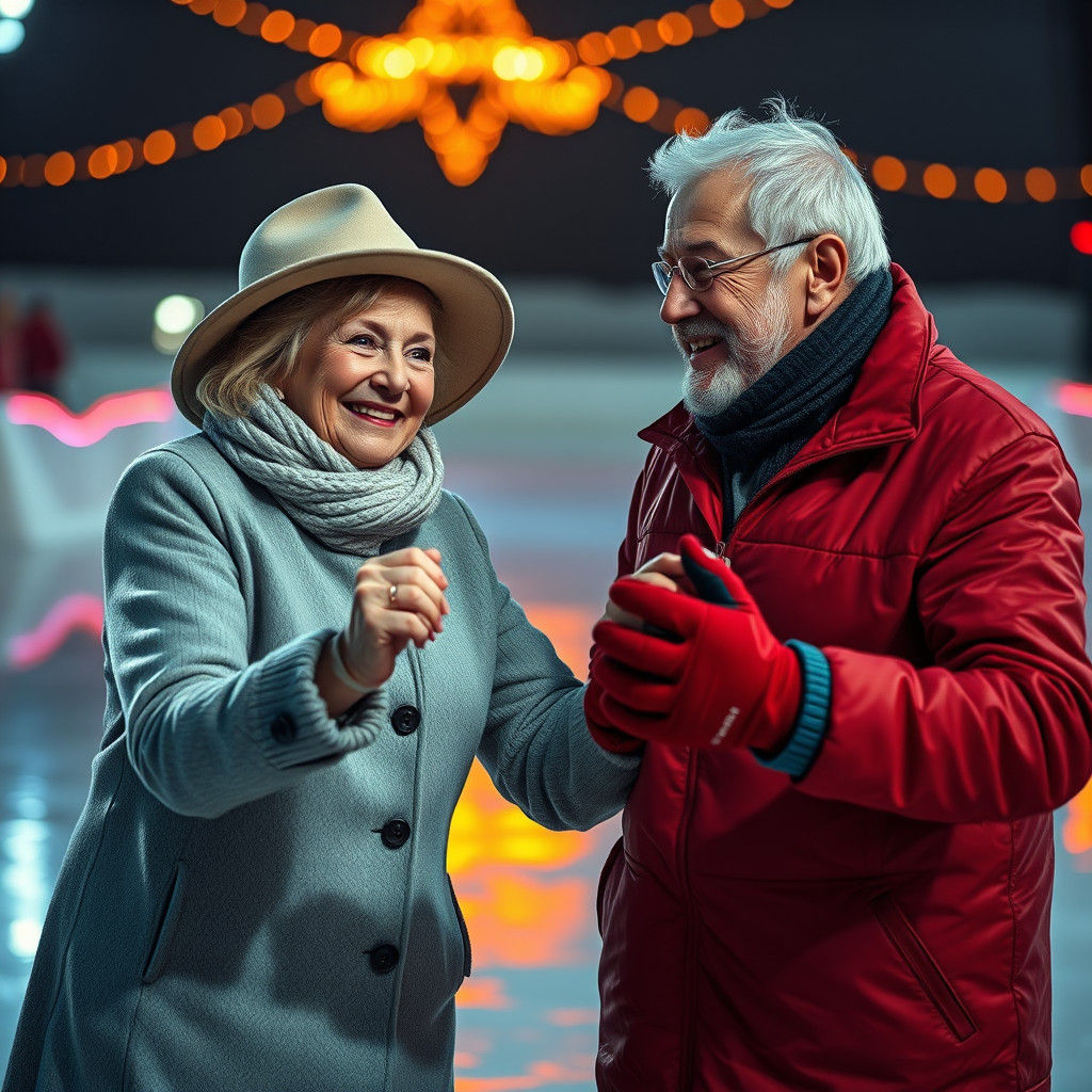 Elderly Couple Dancing on Ice in Hyperrealistic Style
