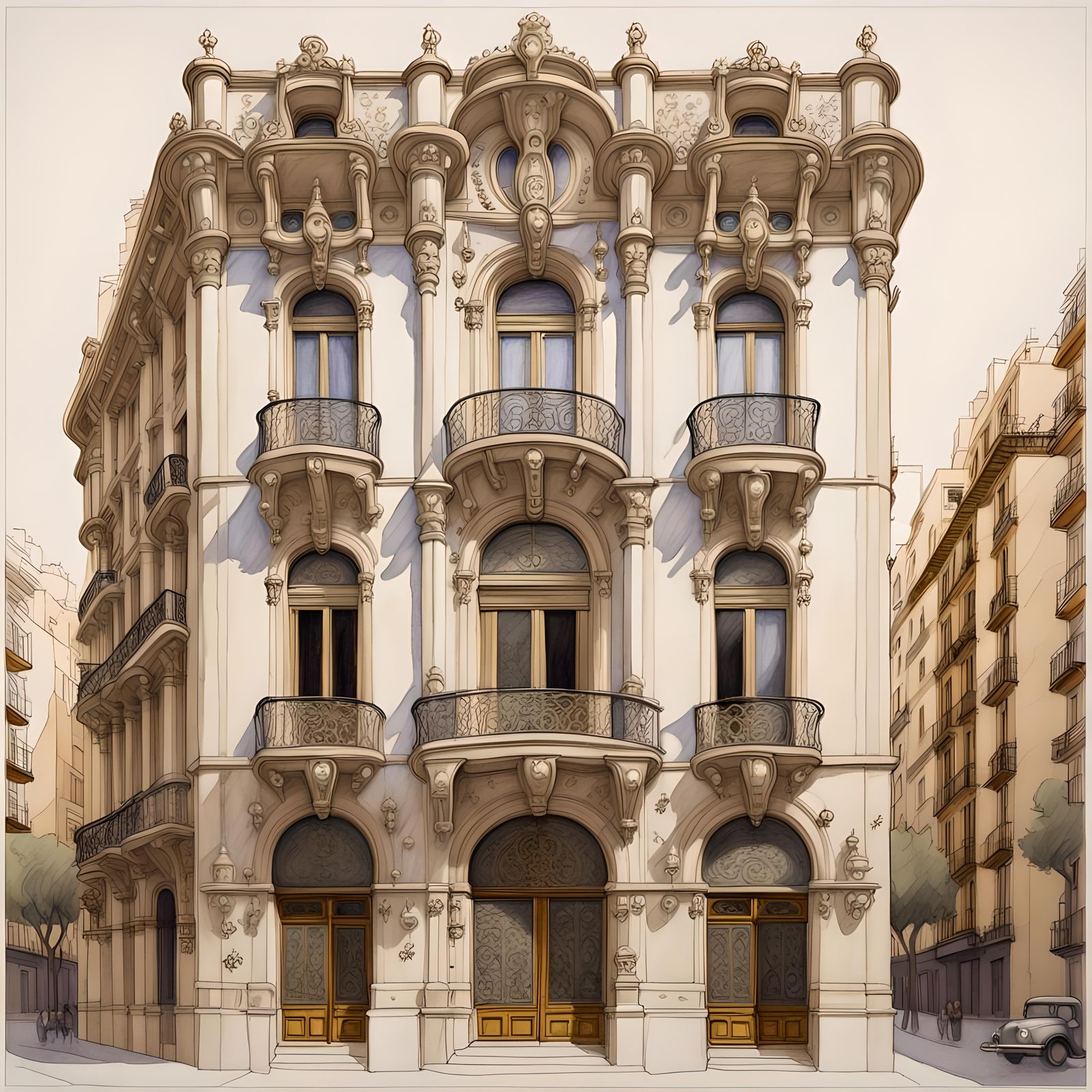 Opulent Catalan Modernist Facade: Architectural Pencil Sketc...