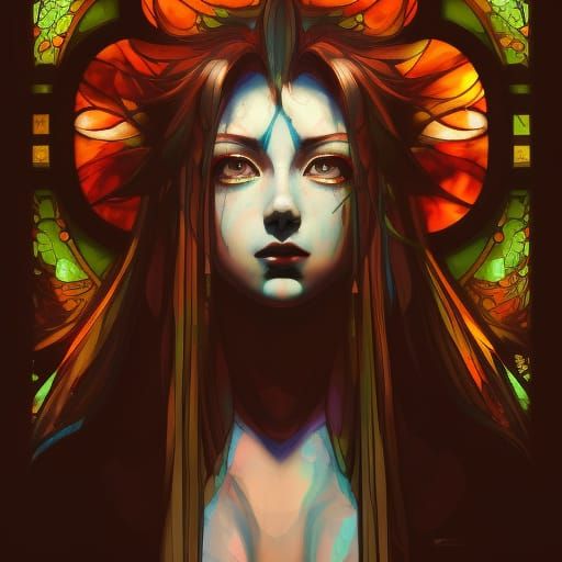 Tamamo no Mae Stained Glass Portrait in Dark Fantasy