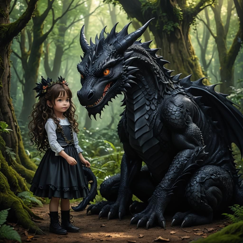 Girl and Dragon in Fairy Tale Forest