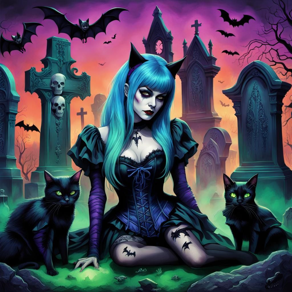Elvira in Gothic Cemetery with Bats and Skull