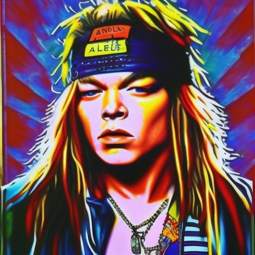 Axl Rose Portrait, Hyperrealistic Splash Art, 1990