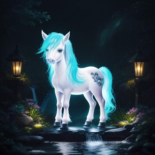 Bioluminescent Chibi Pony in a Magical Garden